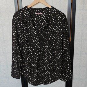 Juicy Couture Black Heart Pattern Button Up Long Sleeve Flowy V Neck Blouse